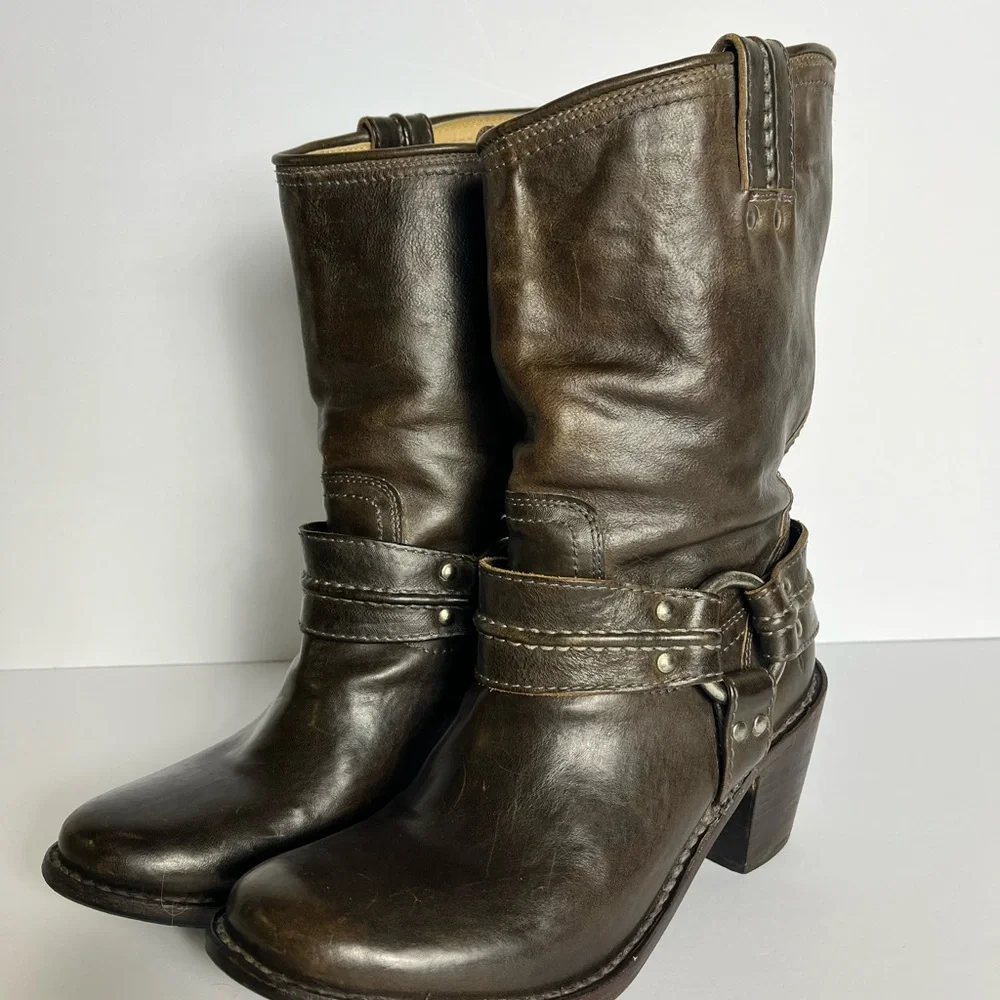 Frye Dark Brown Leather Harness Mid-Calf Boots - Picture 3 of 12